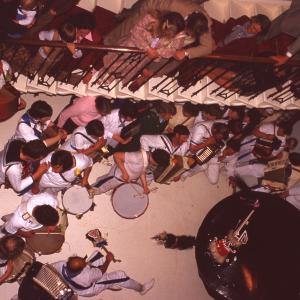 Blue Ribbon band playing in stairwell of Prideaux Place