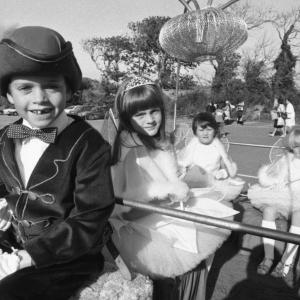 children in costumes on trailer