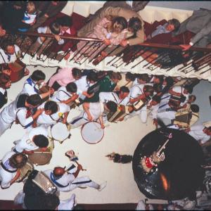 Blue Ribbon band playing in stairwell of Prideaux Place