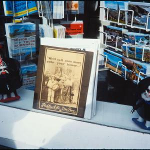 View into shop window, selling Obby Oss memorabilia