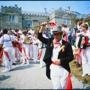 Old Oss Master of Ceremonies dancing outside Prideaux Place 