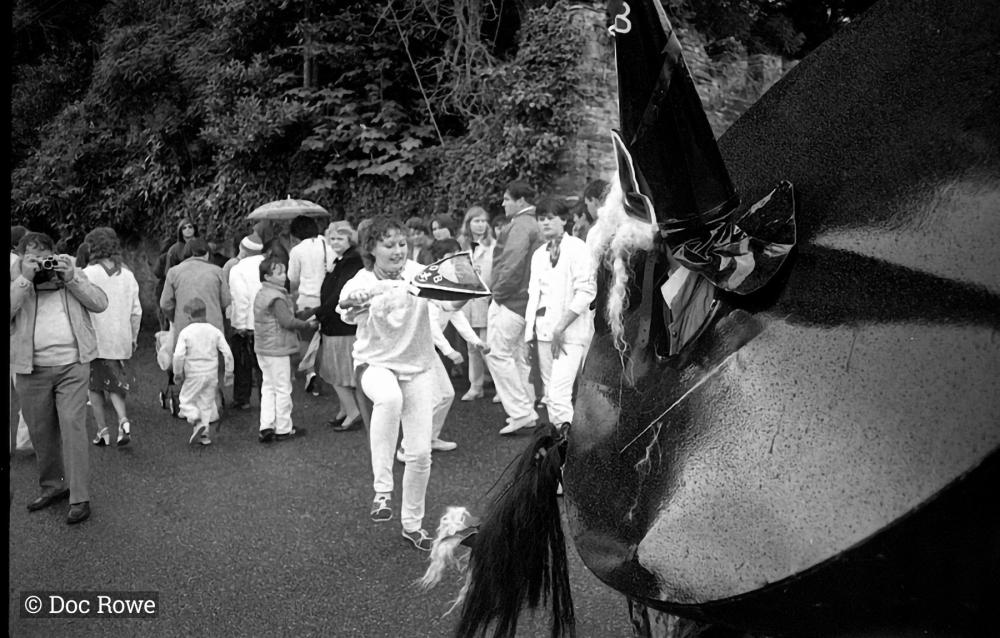 Old Oss dancing leaving Prideaux Place, woman teasing